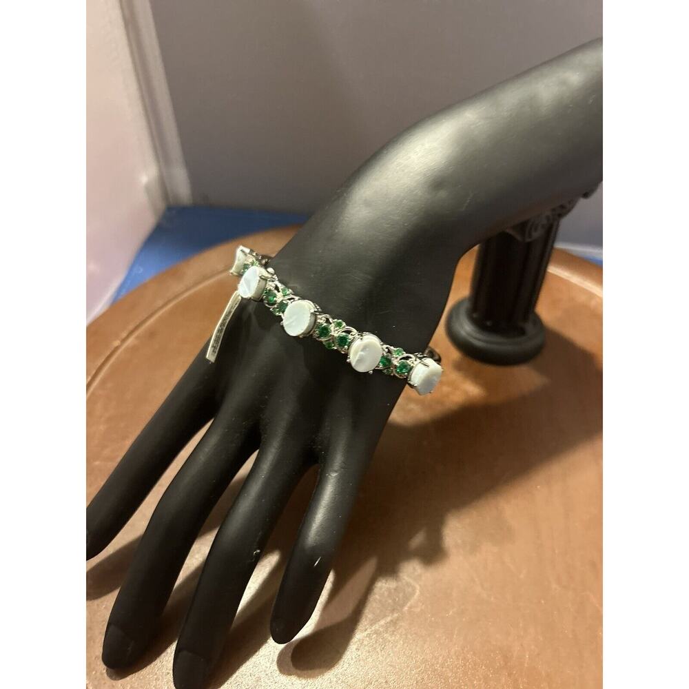 Bracelet Cuff Silver Vintage Green Jeweled